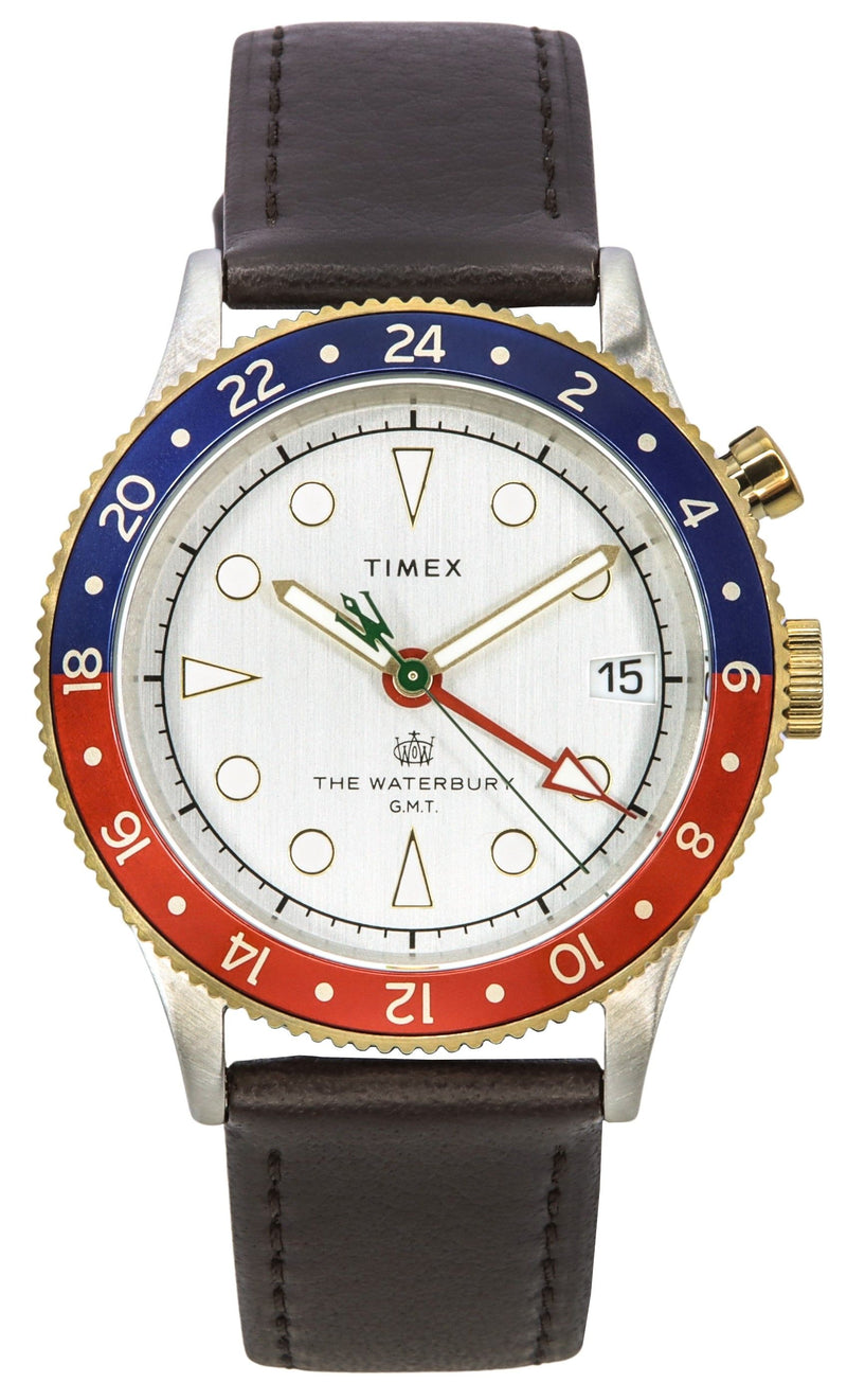 Timex Waterbury Traditional GMT Leather Strap White Dial Quartz TW2U99100 100M Men's Watch