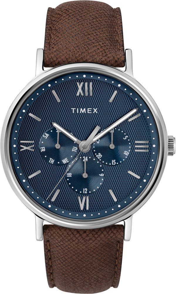 Timex Men's TW2T35100 Southview Multifunction Brown/Silver/Blue Leather Strap Watch