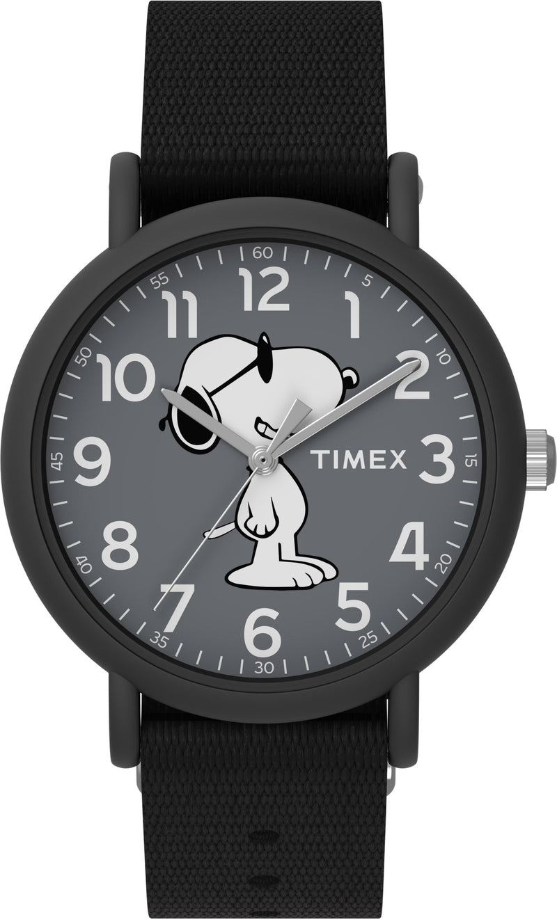 Timex x Peanuts TW2T65700 Joe Cool Weekender   34mm Black Fabric Strap Watch