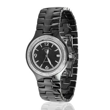 Swiss Tradition Woman's Ceramic Black Band Mother of Pearl Dial Crystal Watch
