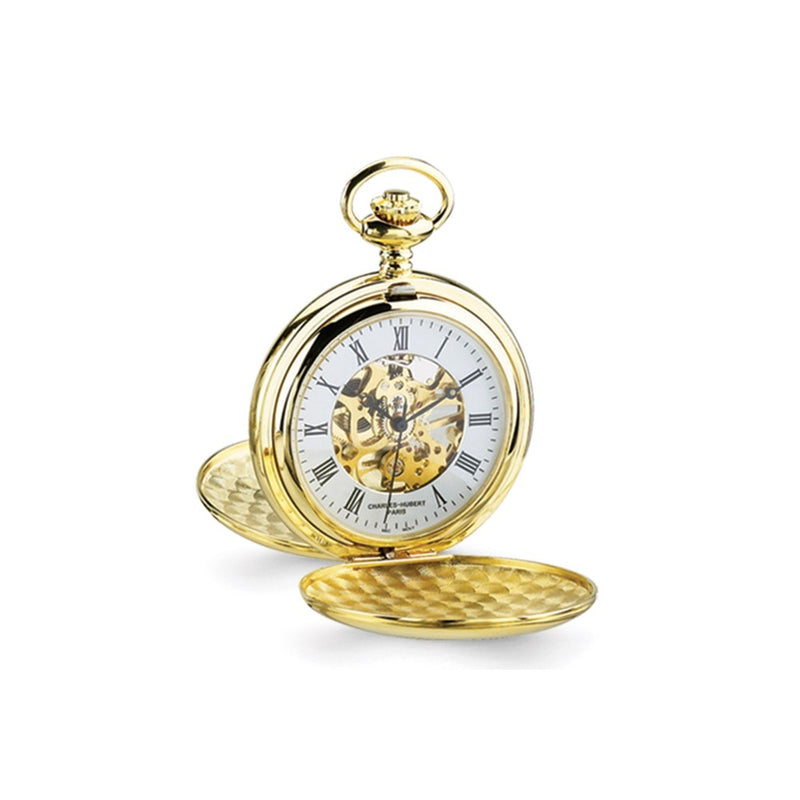 Charles Hubert 14k Gold Finish White Skeleton Dial Pocket Watch