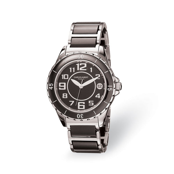 Ladies Charles Hubert Stainless Steel and Ceramic Black Dial Watch