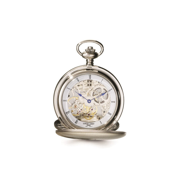 Charles Hubert Stainless Steel Double Cover Satin Pocket Watch
