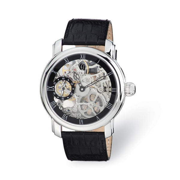 Mens Charles Hubert Leather Band Black Skeleton Dial Watch