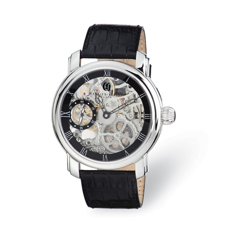 Mens Charles Hubert Leather Band Black Skeleton Dial Watch