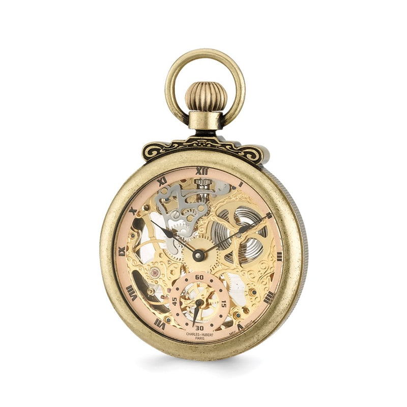 Charles Hubert Antique Gold Finish Brass Skeleton Pocket Watch