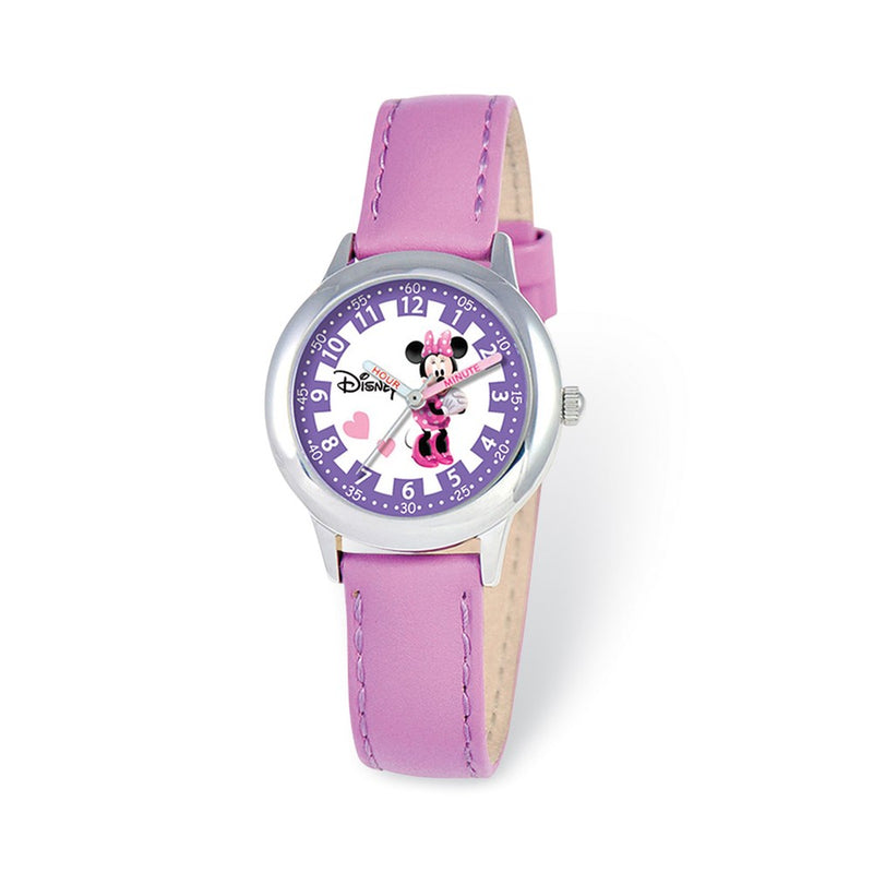 Disney Kids Minnie Mouse Purple Leather Band Time Teacher Watch