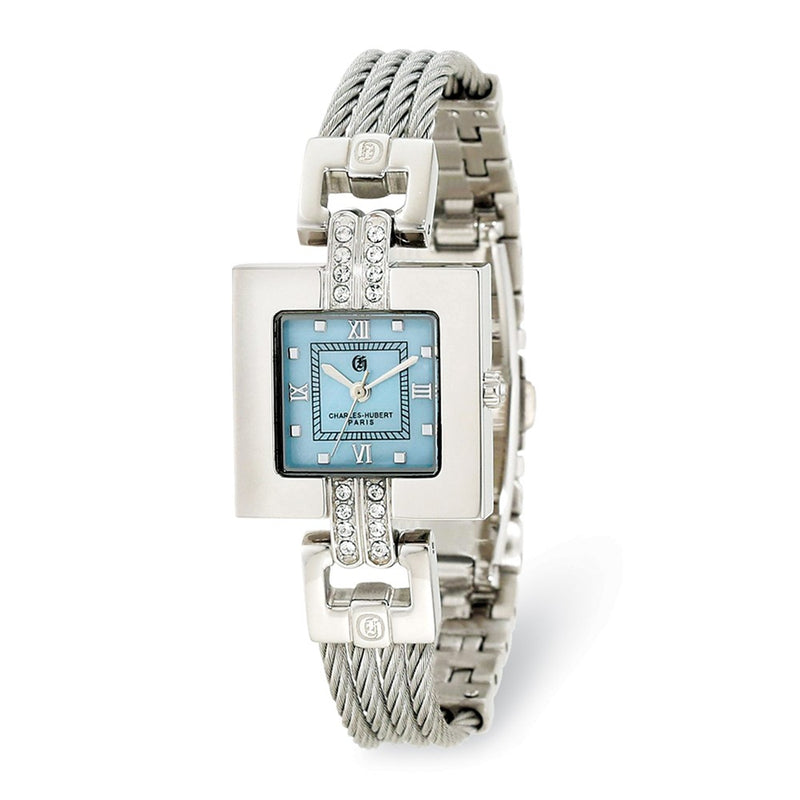 Charles Hubert Stnlss Stl Wire Bangle Light Blue MOP Dial Watch