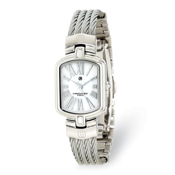 Charles Hubert Stnlss Stl Wire Bangle White MOP Dial Watch
