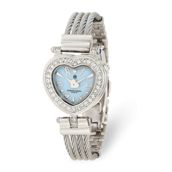 Charles Hubert Stnlss Stl Bangle Light Blue MOP Heart Dial Watch