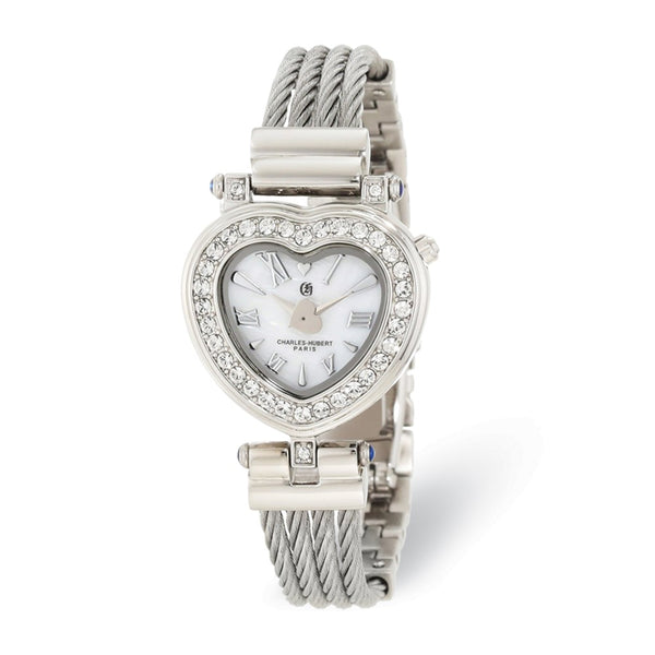 Charles Hubert Stnlss Stl Wire Bangle White MOP Heart Dial Watch
