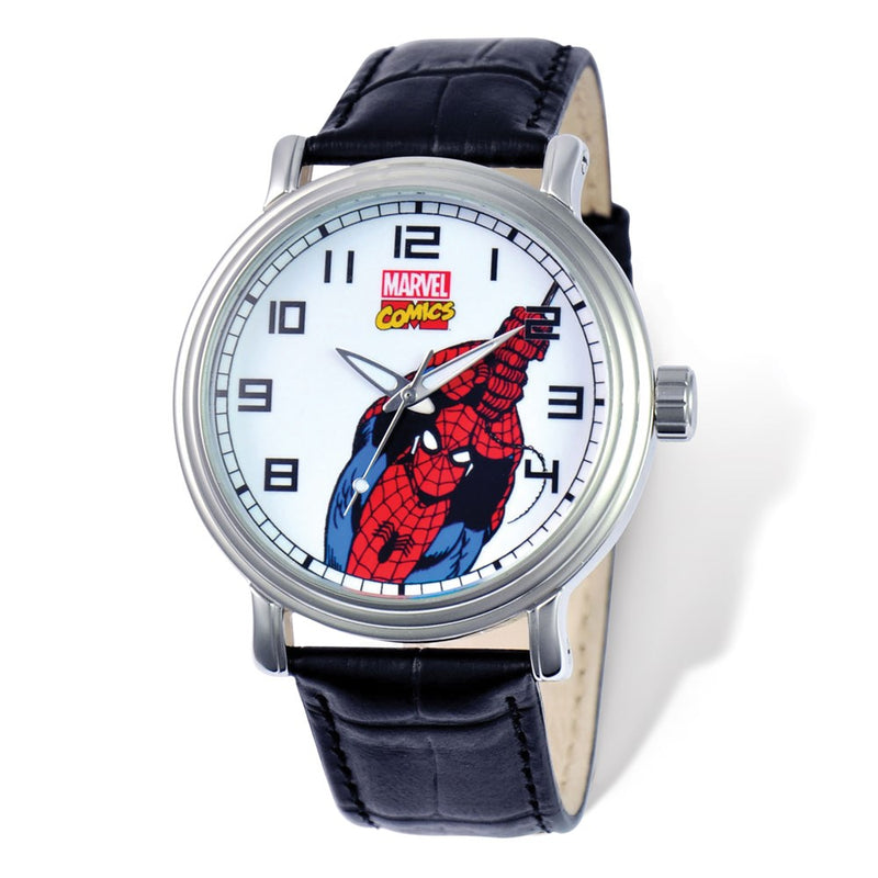 Marvel Adult Size Black Leather Strap Spiderman Watch