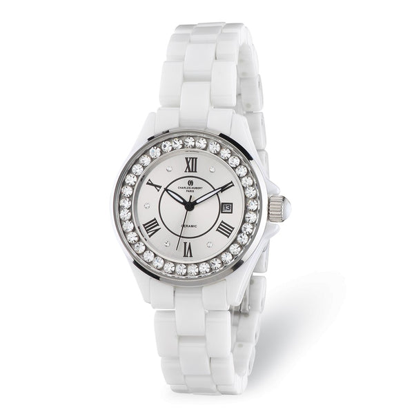 Ladies Charles Hubert Crystal Bezel White Ceramic Watch