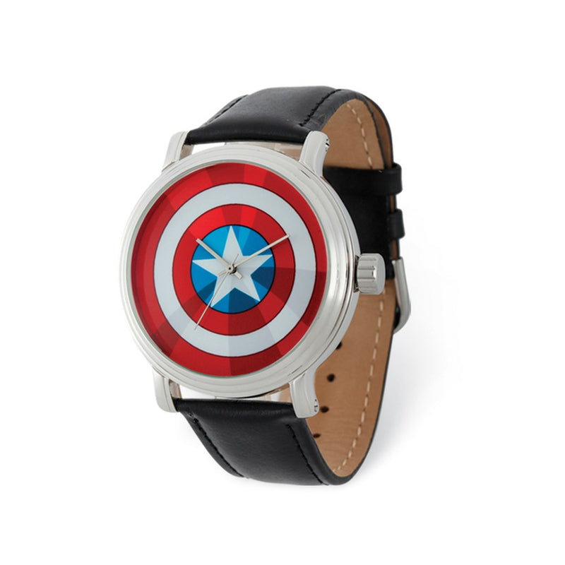 Marvel Adult Size Captain America Black Leather Band Watch