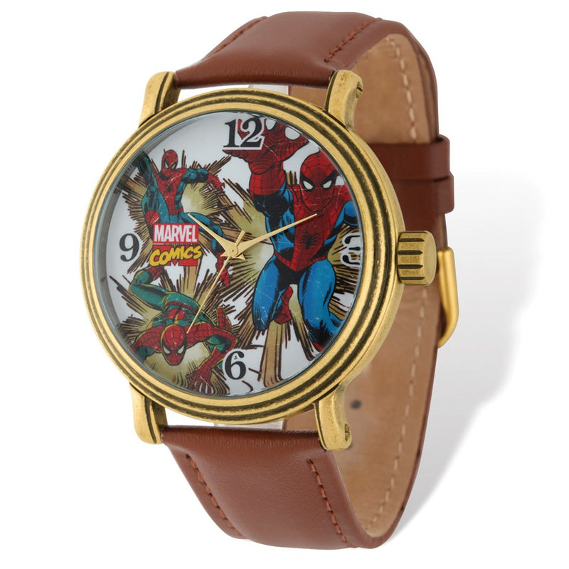 Marvel Adult Size Spiderman Gold-tone Brown Leather Band Watch