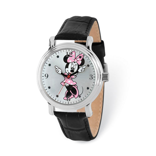 Disney Adult Size Black Leather Minnie Pink Dress Watch