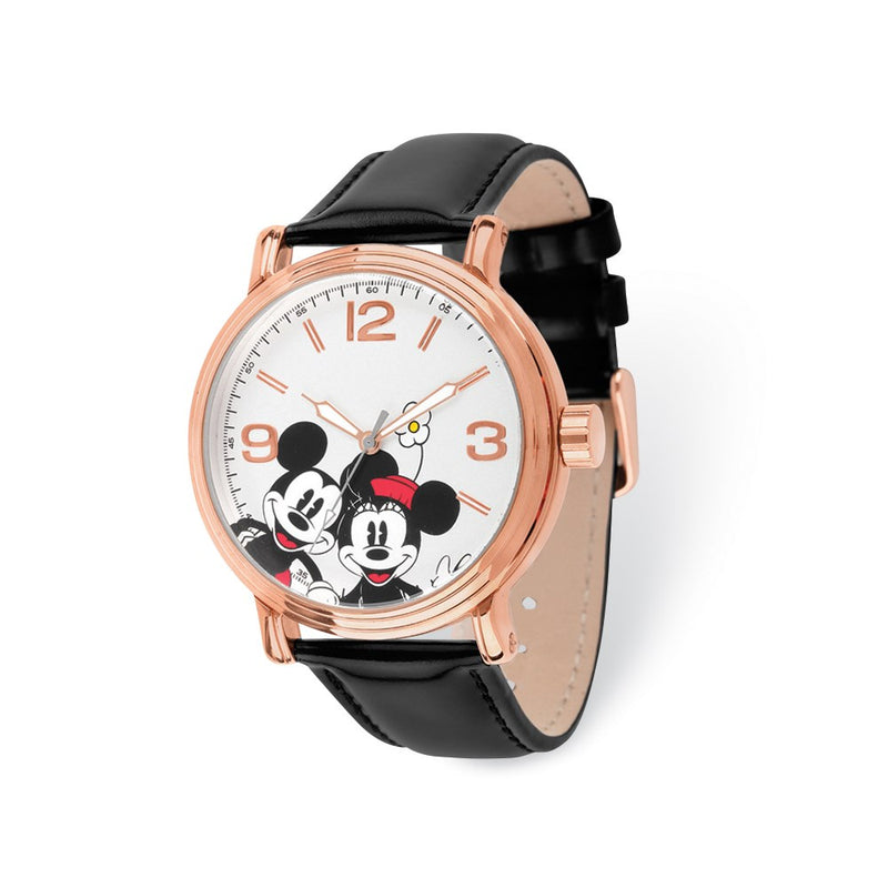 Disney Adult Size Rose-tone Black Leather Mickey/Minnie Watch