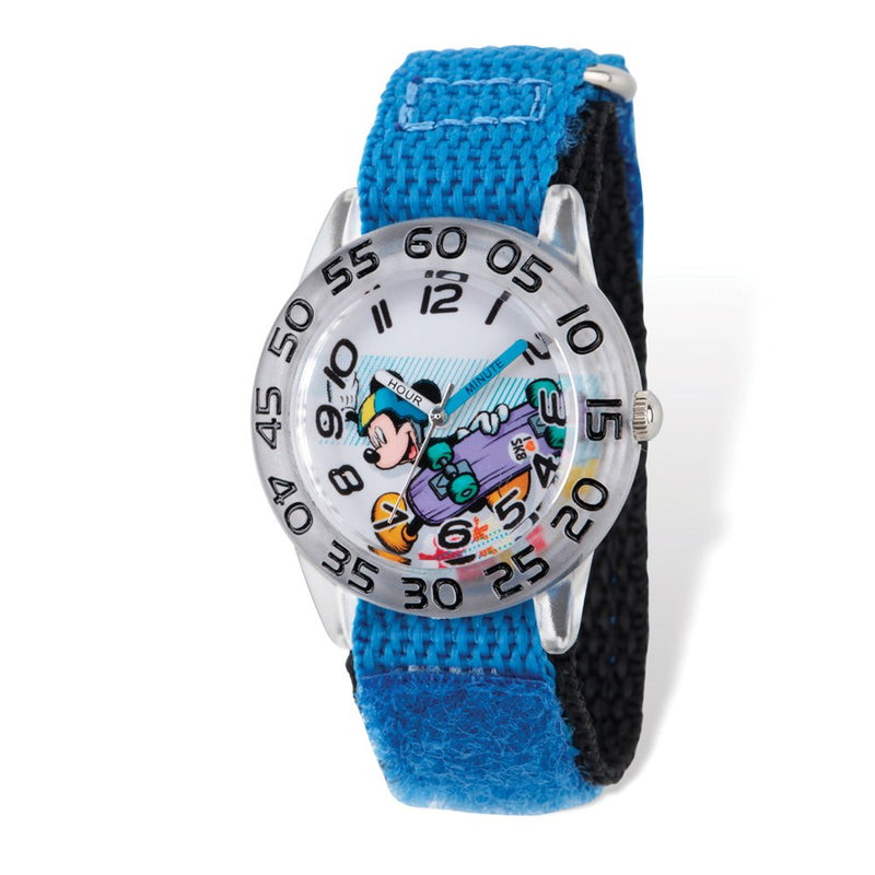 Disney Kids Mickey Skateboard Blue Velcro Band Time Teacher Watch