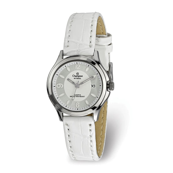 Champion Social Silver-tone White Leather Strap Watch