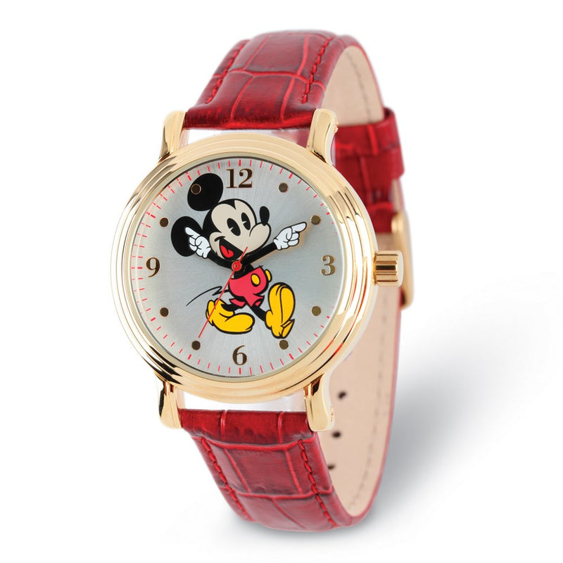 Disney Adult Size Red Mickey Mouse w/Moving Arms Gold-tone Watch