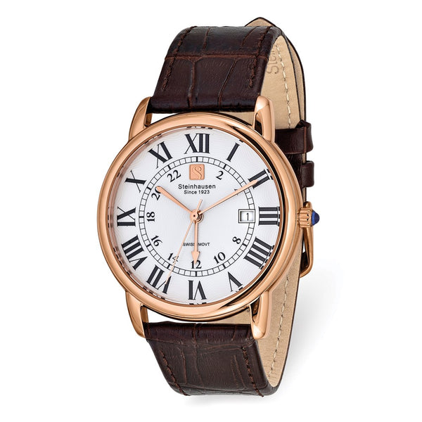 Steinhausen Delemont Rose IP-plated White Dial Brown Strap Watch