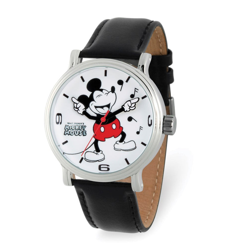 Disney Adult Laughing Mickey Mouse Black Leather Band Watch