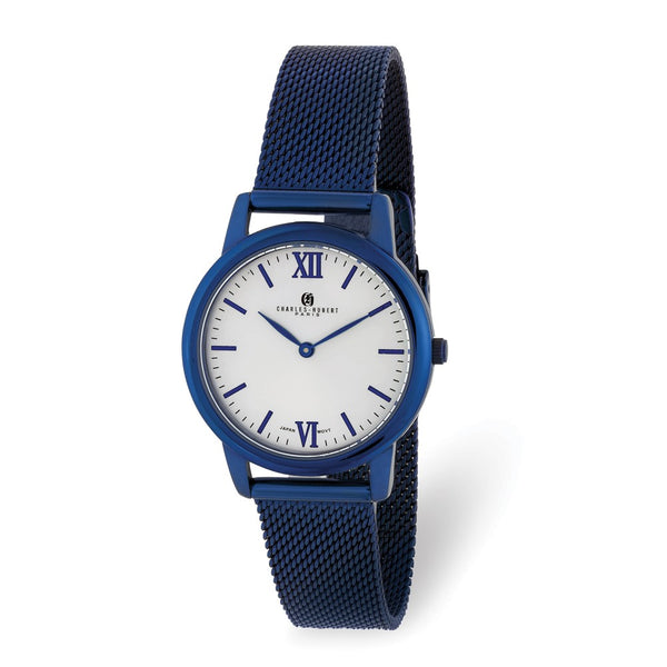 Charles Hubert Ladies Blue IP-plated Stainless Off-White Dial Mesh Watch