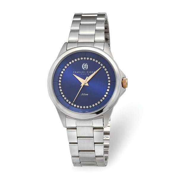 Charles Hubert Mens Stainless Steel Blue Crystal Dial Watch