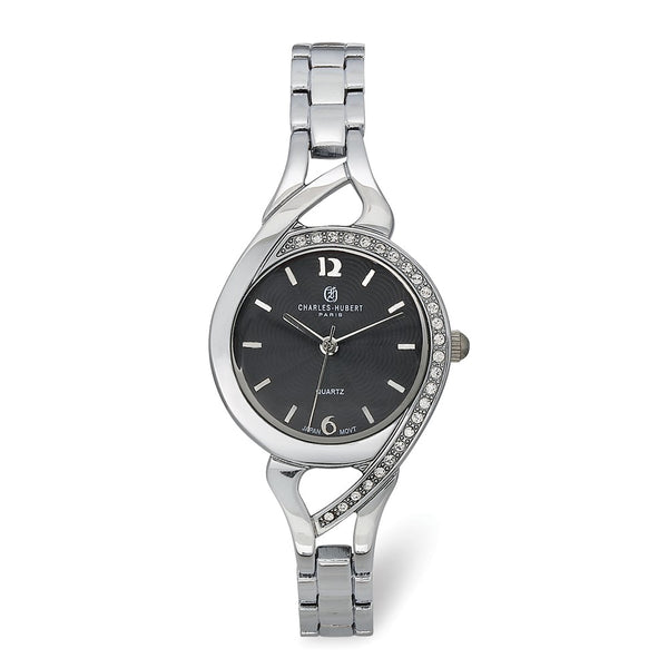 Charles Hubert Ladies Chrome Finish Black Dial Watch