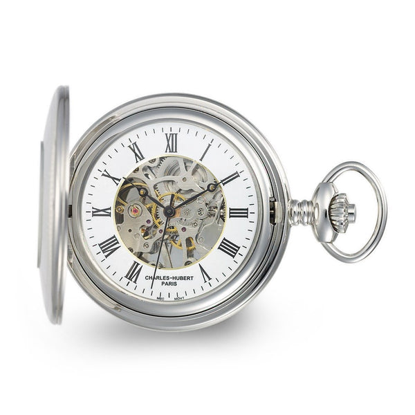 Charles Hubert Stainless Hunter Case w/Shield Skeleton Pocket Watch