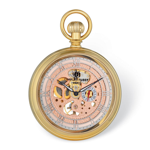 Charles Hubert Gold Finish Open Face Rose Dial Pocket Watch