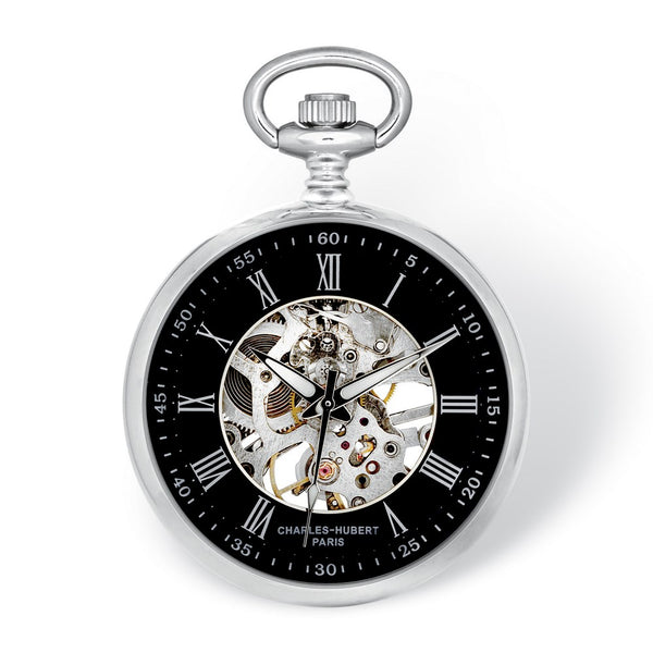 Charles Hubert Chrome Finish Open Face Black Skeleton Pocket Watch