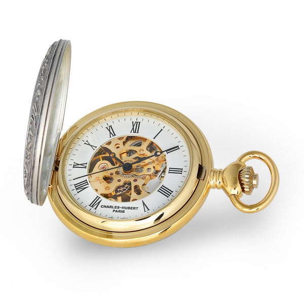 Charles Hubert 2-tone Lion Crest Hunter Case Skeleton Dial Pocket Watch