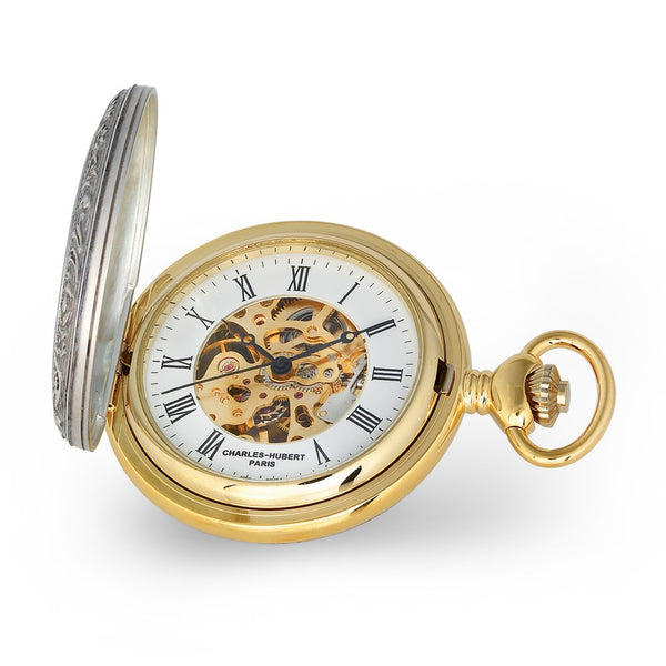 Charles Hubert 2-tone Shield Hunter Case Skeleton Dial Pocket Watch