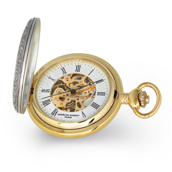 Charles Hubert 2-tone Crown & Shield Skeleton Dial Pocket Watch