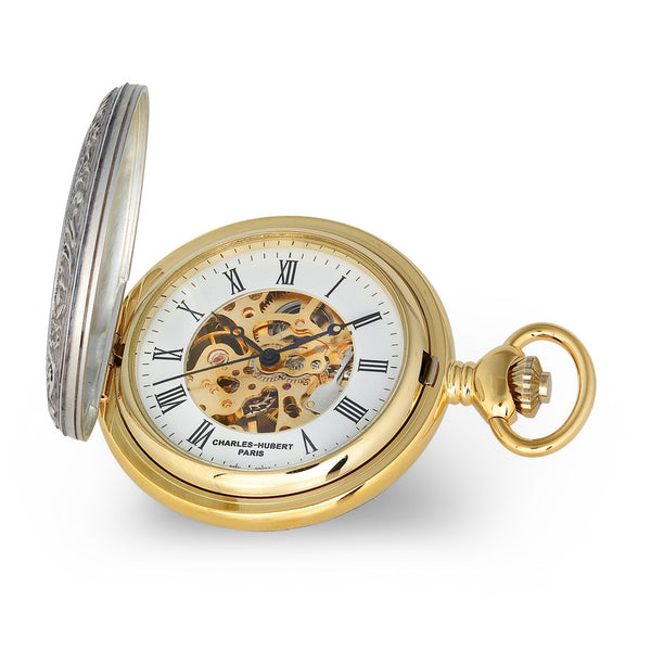 Charles Hubert 2-tone Crown, Ribbon & Shield Skeleton Pocket Watch