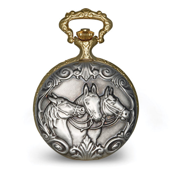 Charles Hubert 2-tone Antique Finish 3 Horses Pocket Watch