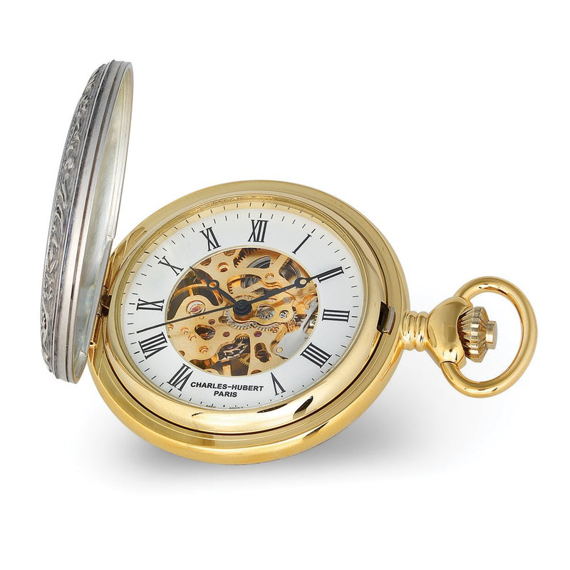 Charles Hubert 2-tone Pegasus Hunter Case Skeleton Dial Pocket Watch