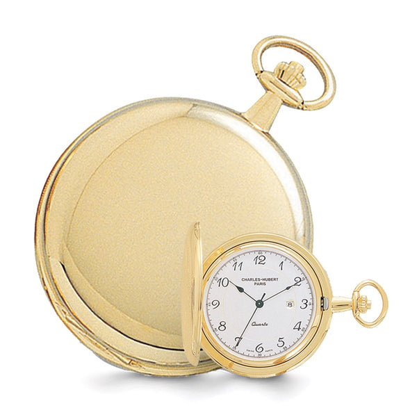Charles Hubert 14k Gold Finish White Dial with Date Pocket Watch