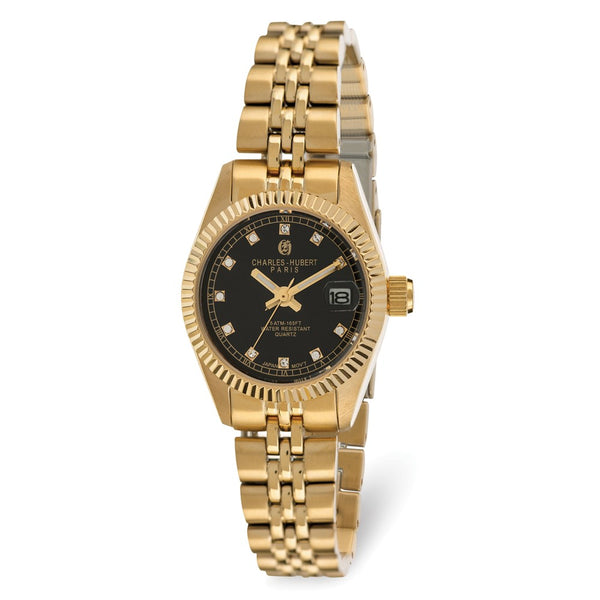 Charles Hubert Ladies Gold Plated Stainless Steel Black Dial Watch