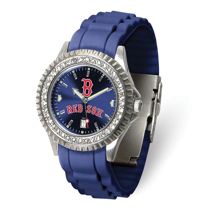 Gametime MLB Boston Red Sox B Logo Ladies Sparkle Crystal Bezel Silicone Strap Quartz Watch with Date