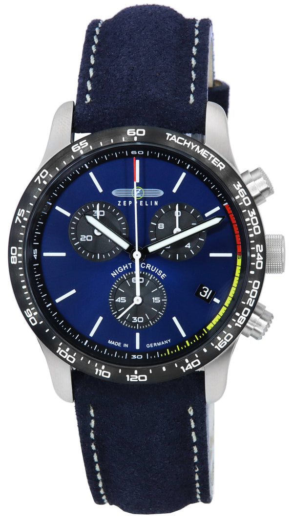 Zeppelin Night Cruise Chronograph Leather Strap Blue Dial Quartz 7288-3 100M Men's Watch