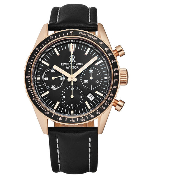 Revue Thommen 17000.6567 Men's 'Aviator' Black Dial Rose-Tone Chronograph Automatic Watch