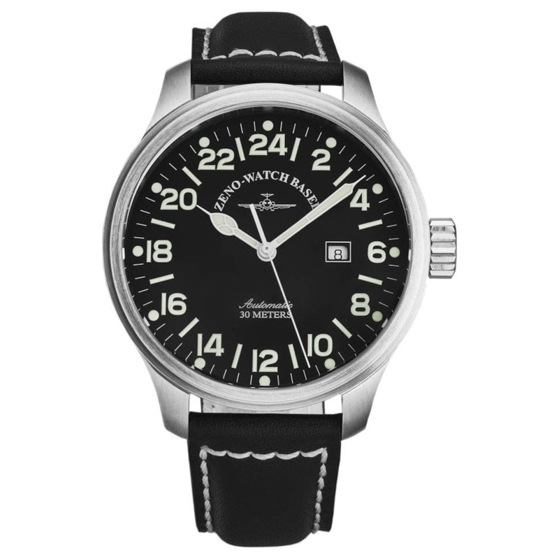 Zeno 8563-24-A1 Men's 'Pilot' 24 hours Limited Edition Black Dial Black Leather Strap Automatic Watch