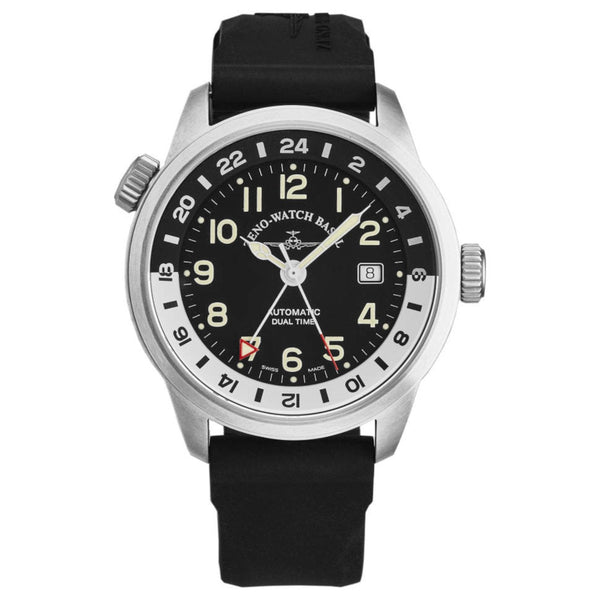 Zeno 6304GMT-A1 Men's 'Pilot Fellow' GMT Black Dial Black Silicon Strap Automatic Watch