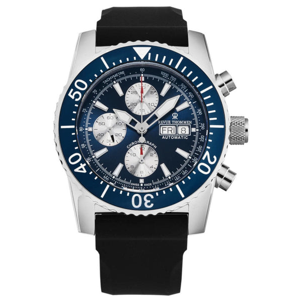Revue Thommen 17030.6535 Men's 'Divers' Blue Dial Day-Date Chronograph Blue Dial Black Rubber Strap Automatic Watch