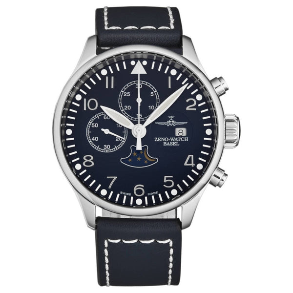 Zeno 4100-I4 Men's 'Vintage' Chrono 7768 Limited Edition Blue Dial Blue/White Leather Strap Watch