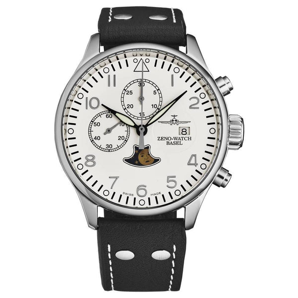 Zeno 4100-I2 Men's 'Vintage' Chrono 7768 Limited Edition White Dial Brown/White Leather Strap Watch