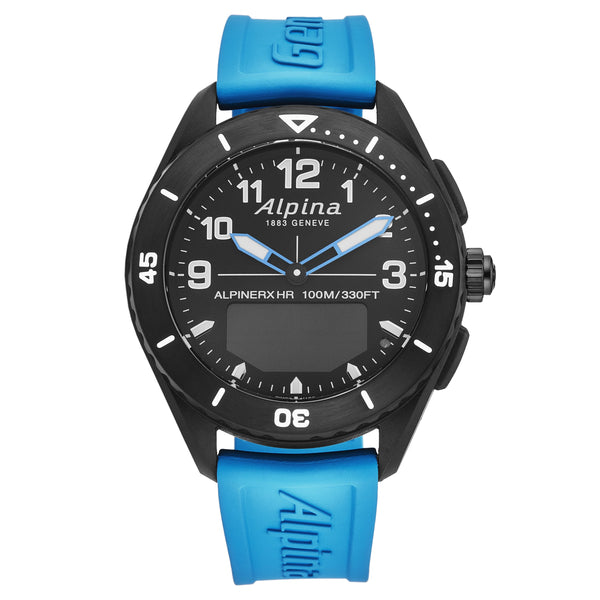 Alpina Mens 'AlpinerX Alive' Black Dial Blue Rubber Strap Quartz Watch AL-284LBBW5AQ6