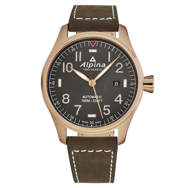 Alpina Men's AL525G4S4 'Startimer Pilot' Grey Dial Brown Leather Automatic Watch